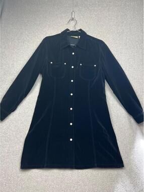 VTG Liz Claiborne Velour Dress Snap Button Up Womens Size 10 Simple Casual Black